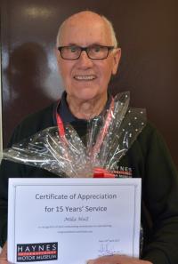 Mike Hall receiving his 15 year award for Volunteering at Haynes International Motor Museum