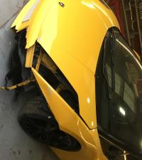 Lamborghini Gallardo in for crash repair at Haynes International Motor Museum (Before repair)